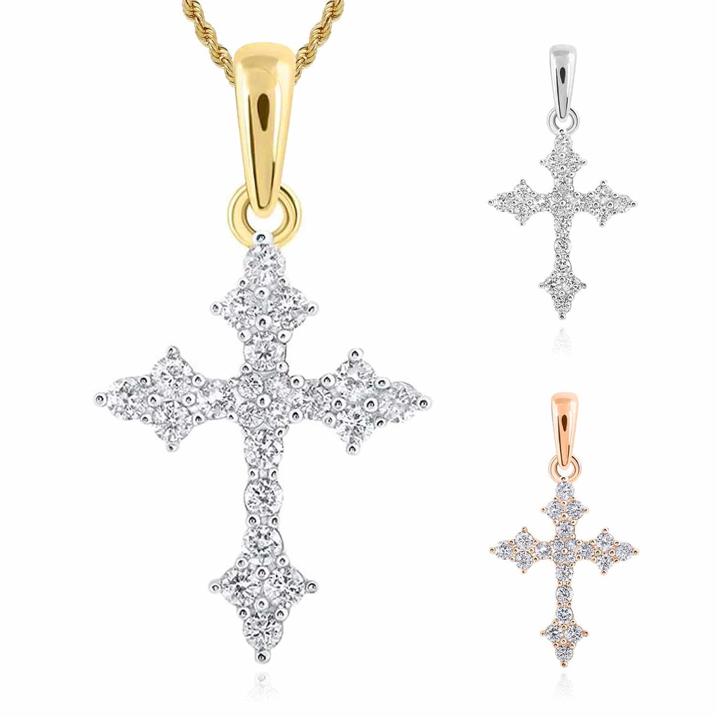 .25CTW Real Diamond 10K Gold Yellow White Rose Cross Pendant 0.6"