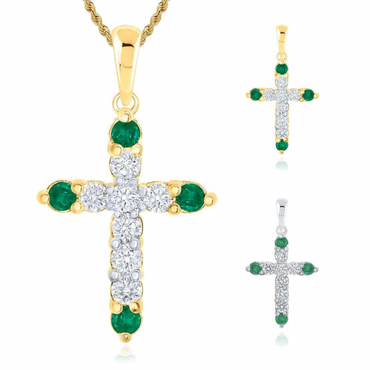 .22CTW Natural Diamond Emerald 10K Gold Yellow White Cross Pendant 0.8"