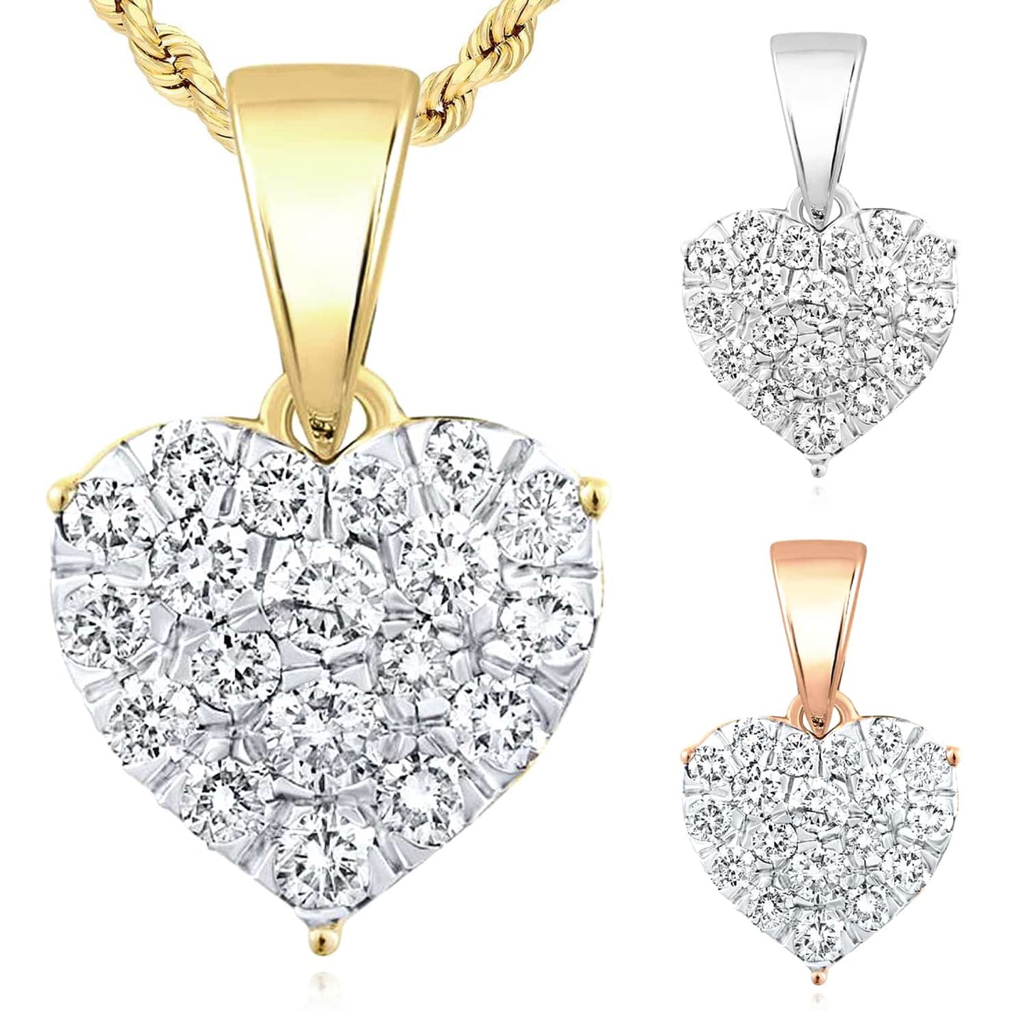 0.16CTW-0.25CTW Natural Diamond 10K Gold Yellow White Rose Cluster Heart Pendant