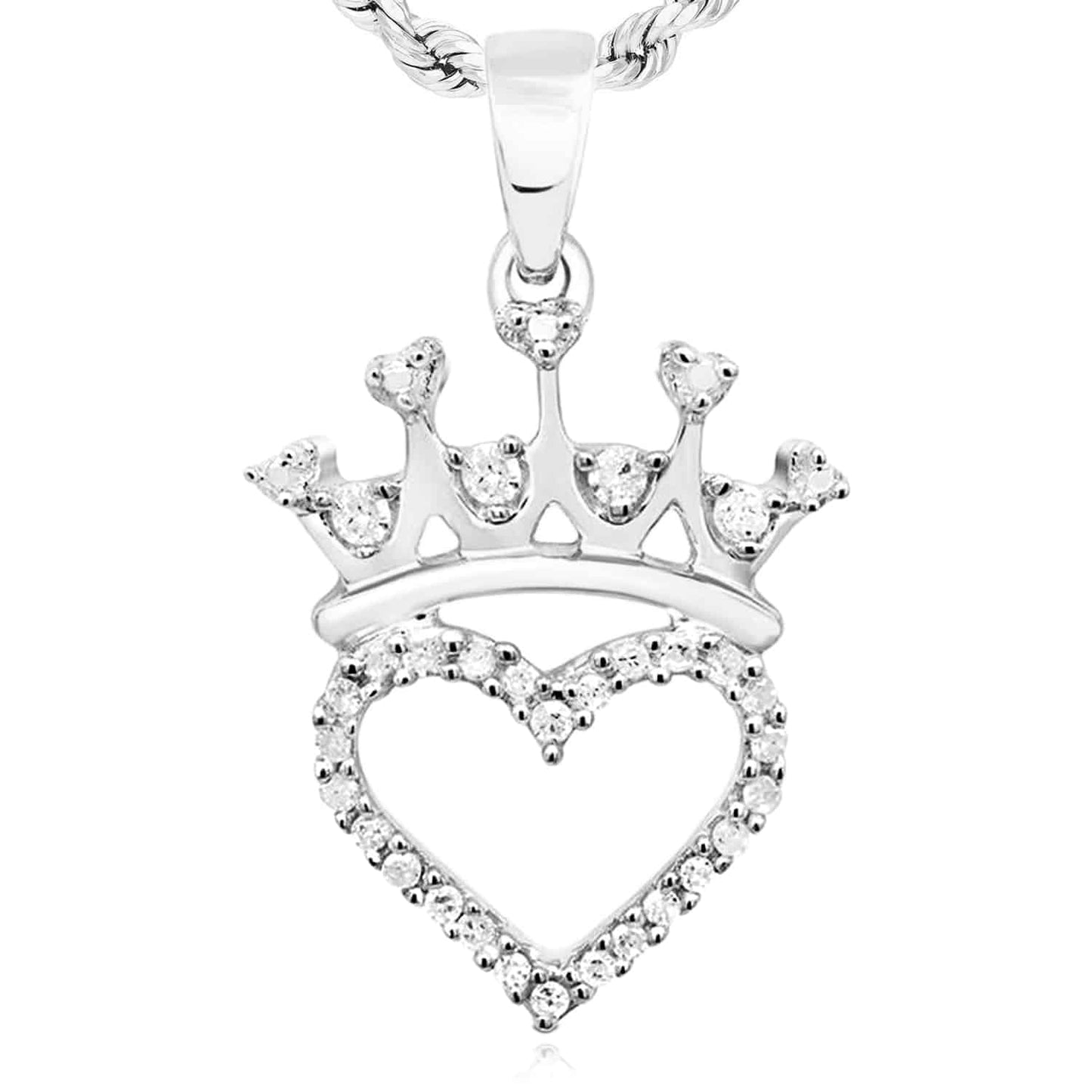 0.10CTW Natural Diamond Yellow White Sterling Silver Crown Heart Pendant 0.8"
