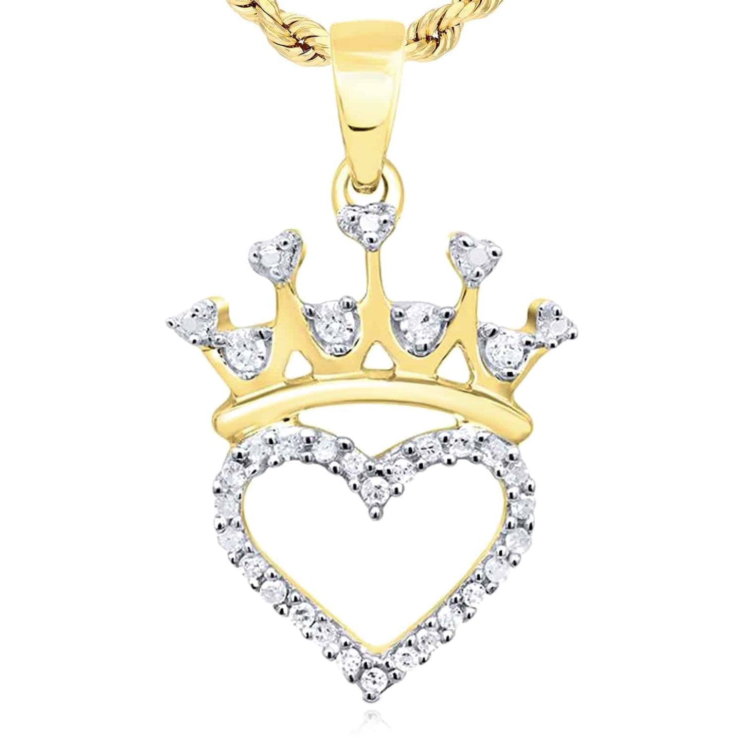 0.10CTW Natural Diamond Yellow White Sterling Silver Crown Heart Pendant 0.8"