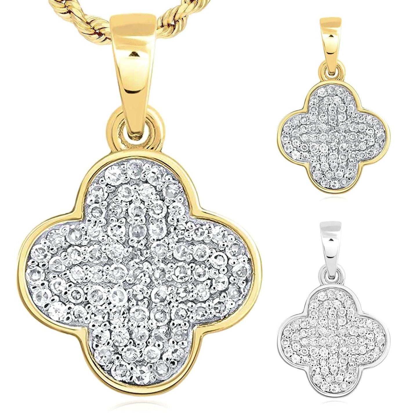0.20CTW Real Diamond 10K Real Gold White Clover Leaf Pendant 0.4"