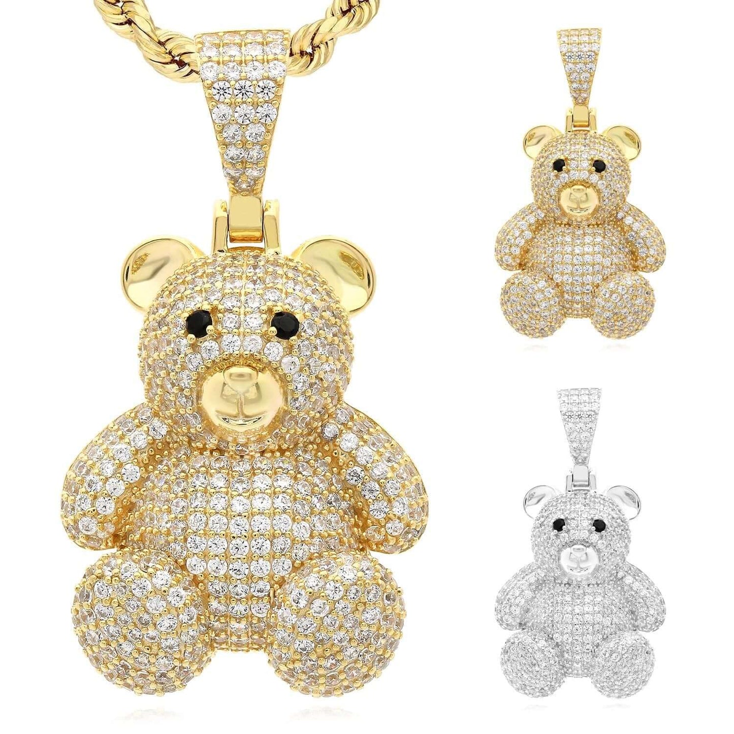 Sterling Silver 4.20CTW CZ Yellow White Pave Bear Pendant 1.6"