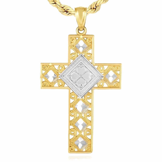 14K Gold Two-Tone Yellow White Ornaments Hearts Cross Pendant 1.4"
