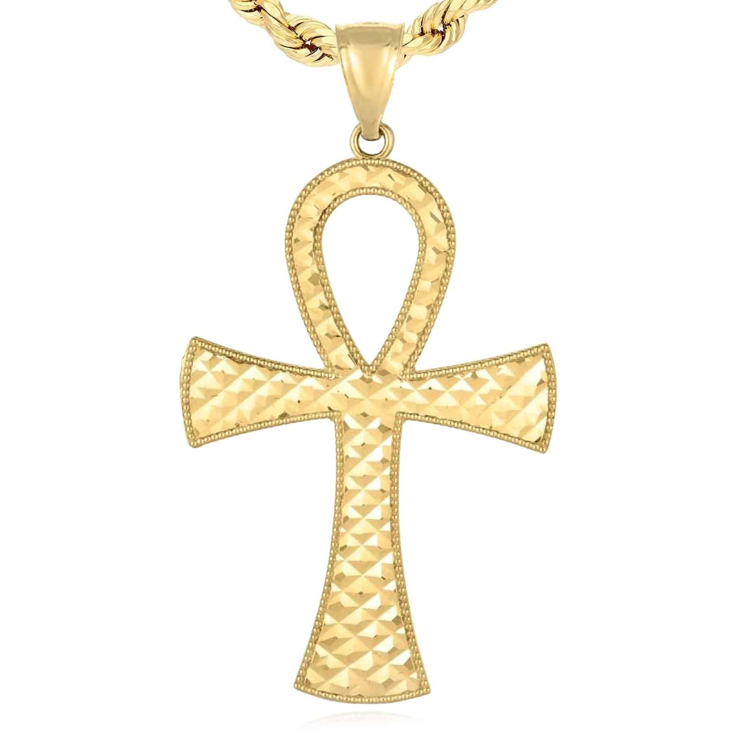 14K Real Gold Diamond-Cut Textured Ankh Cross Pendant 2"