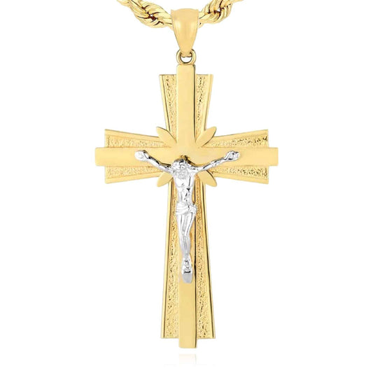 14K Gold Two-Tone Yellow White Jesus Crucifix Cross Pendant 1.8"