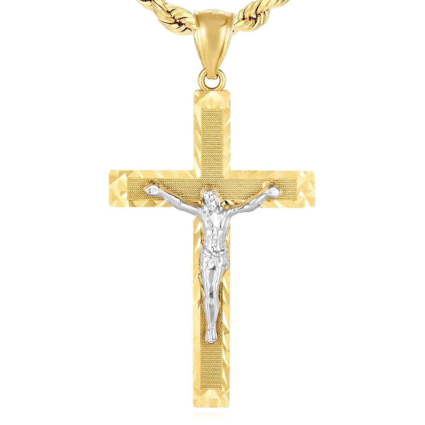14K Real Gold Two-Tone Yellow White Jesus Crucifix Cross Pendant 2"