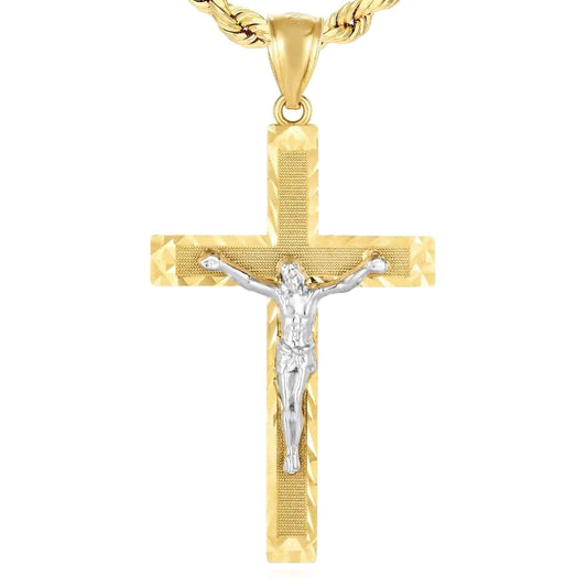 14K Gold Two-Tone Yellow White Jesus Crucifix Cross Pendant 2"