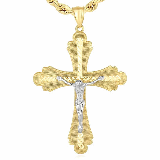 14K Gold Two-Tone Yellow White Jesus Crucifix Cross Pendant 2"