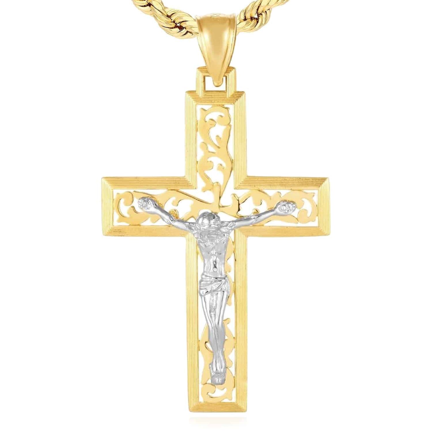 14K Gold Two-Tone Yellow White Ornaments Jesus Crucifix Cross Pendant 1.8"