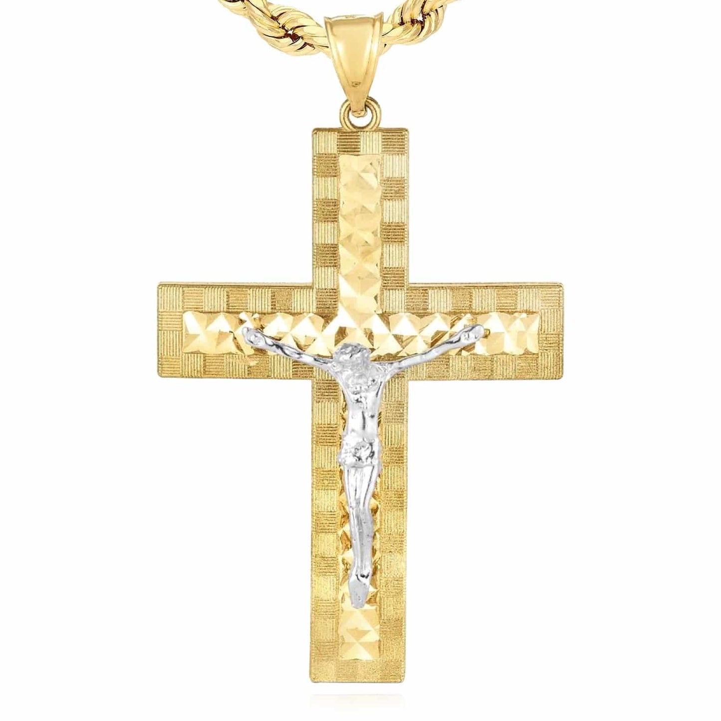 14K Gold Two-Tone Yellow White Diamond-Cut Jesus Crucifix Cross Pendant 2.3"