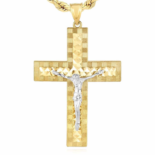 14K Gold Two-Tone Yellow White Diamond-Cut Jesus Crucifix Cross Pendant 2.3"