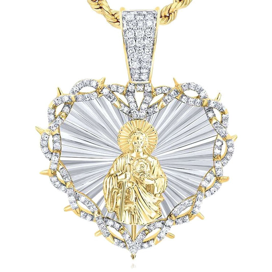 0.75CTW Natural Diamond 10K Gold Two-Tone Heart St Jude Pendant 1.65"