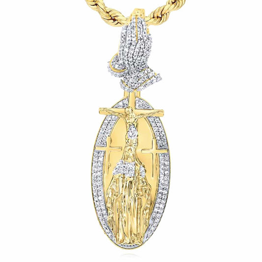 0.75CTW Natural Diamond 10K Yellow Gold Praying Hands Jesus Cross Pendant 2"