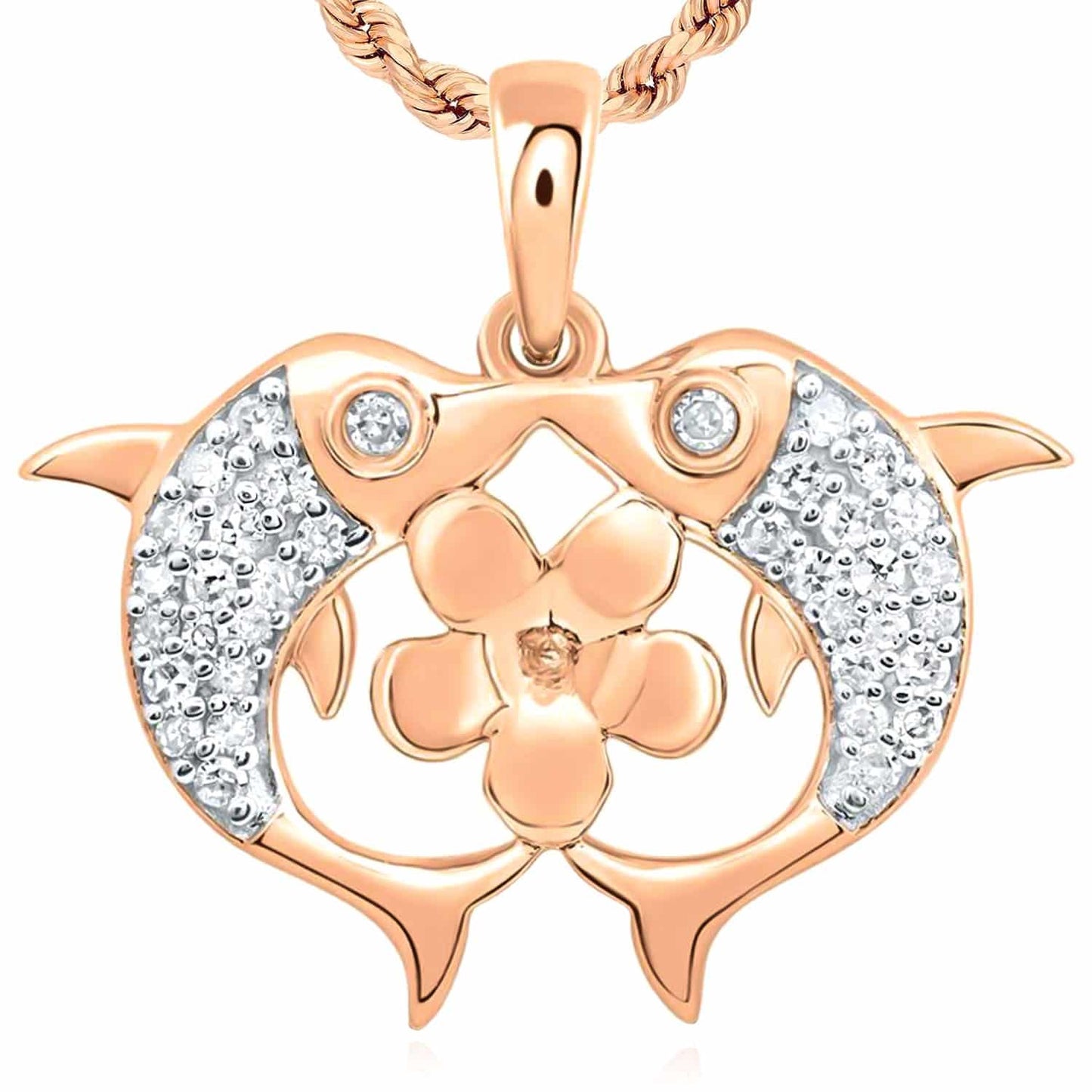 0.15CTW Natural Diamond 10K Gold Yellow White Rose Flower Dolphins Kiss Pendant