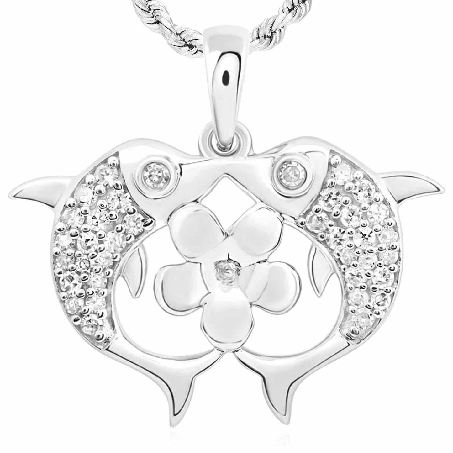 0.15CTW Natural Diamond 10K Gold Yellow White Rose Flower Dolphins Kiss Pendant