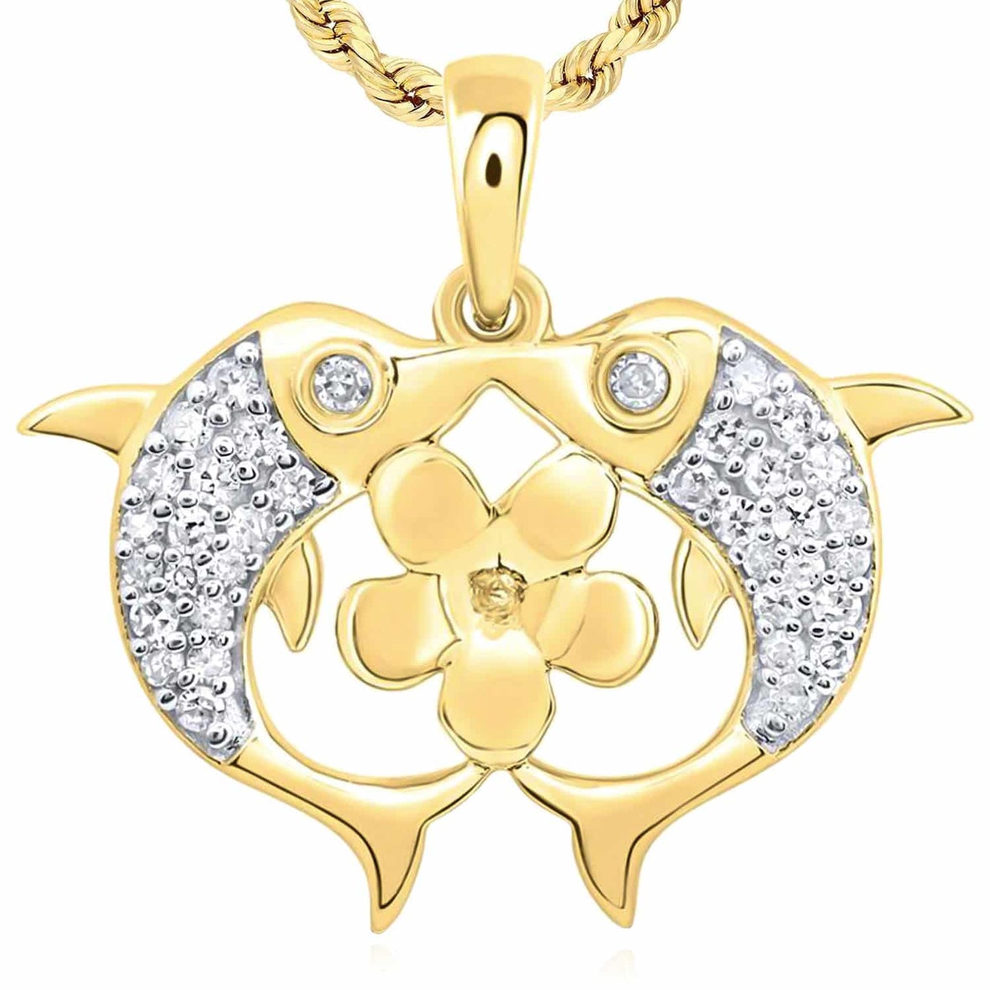 0.15CTW Natural Diamond 10K Gold Yellow White Rose Flower Dolphins Kiss Pendant