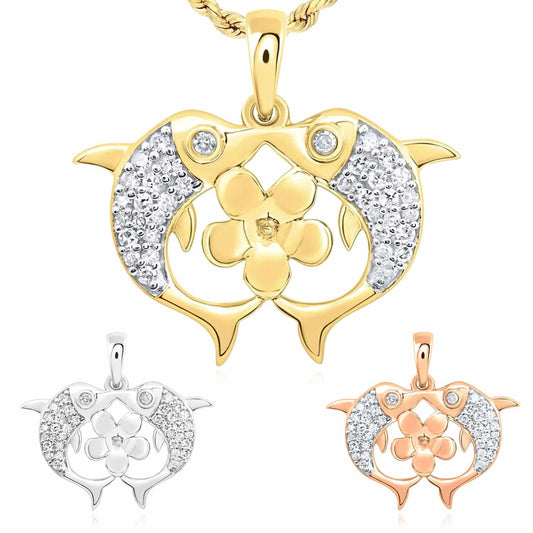 0.15CTW Natural Diamond 10K Gold Yellow White Rose Flower Dolphins Kiss Pendant