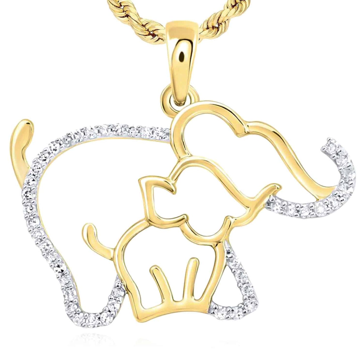 0.12CTW Natural Diamond 10K Gold Yellow White Mother Baby Elephant Pendant 0.8"