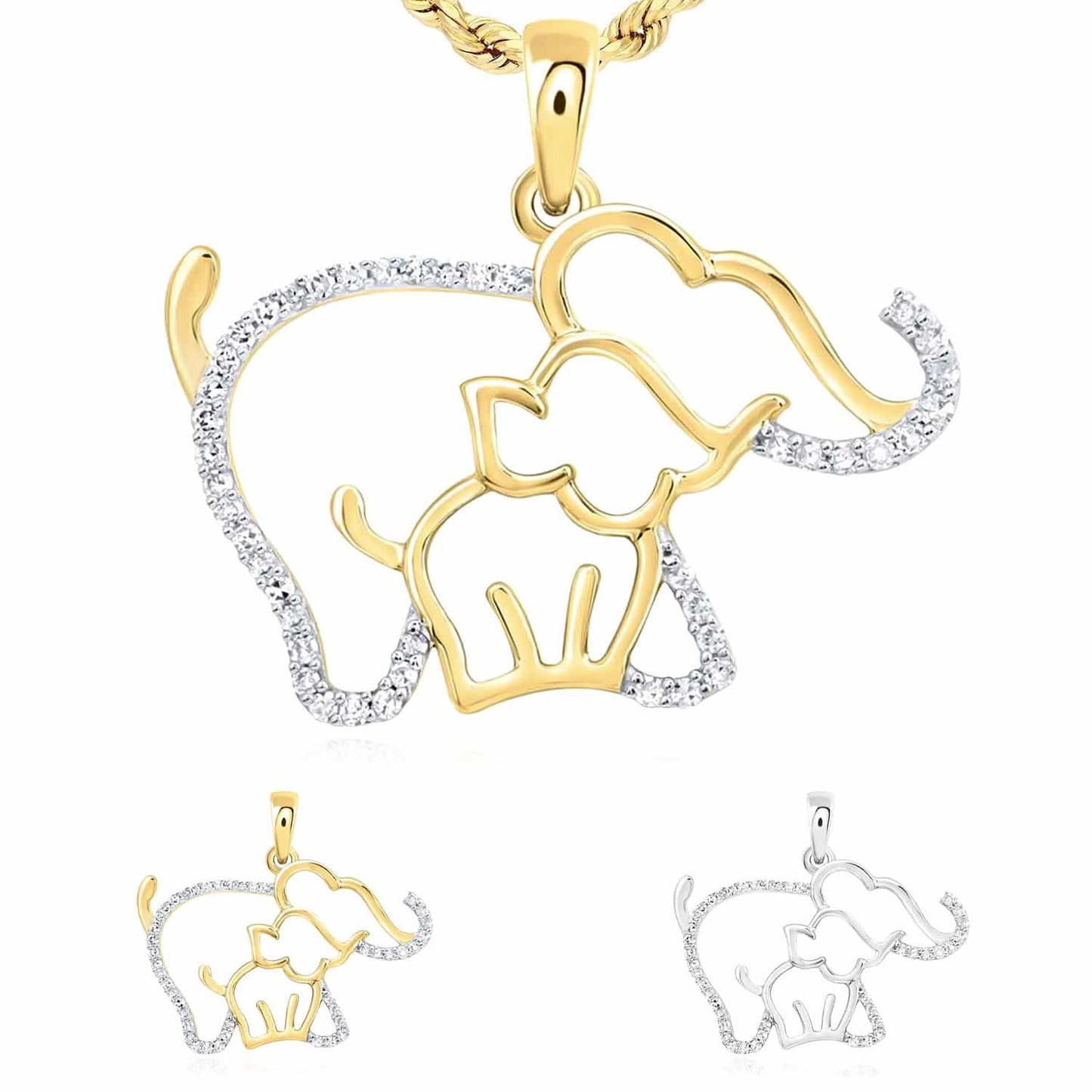 0.12CTW Natural Diamond 10K Gold Yellow White Mother Baby Elephant Pendant 0.8"