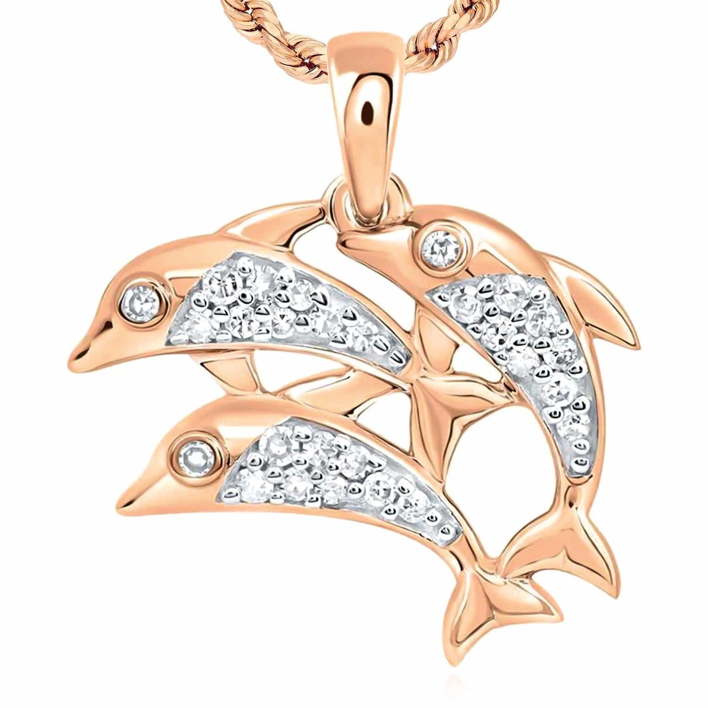 0.12CTW Natural Diamond 10K Gold Yellow White Rose 3x Dolphins Swimming Pendant