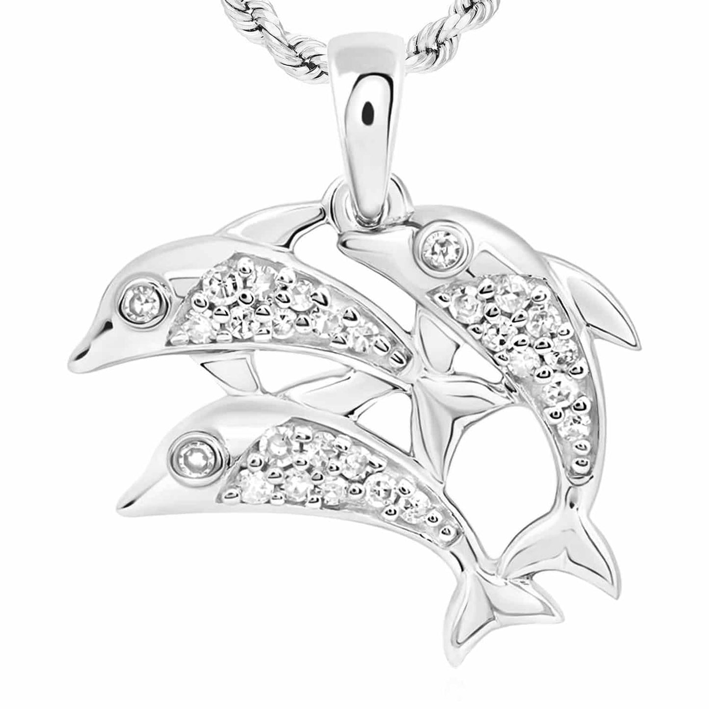 0.12CTW Natural Diamond 10K Gold Yellow White Rose 3x Dolphins Swimming Pendant