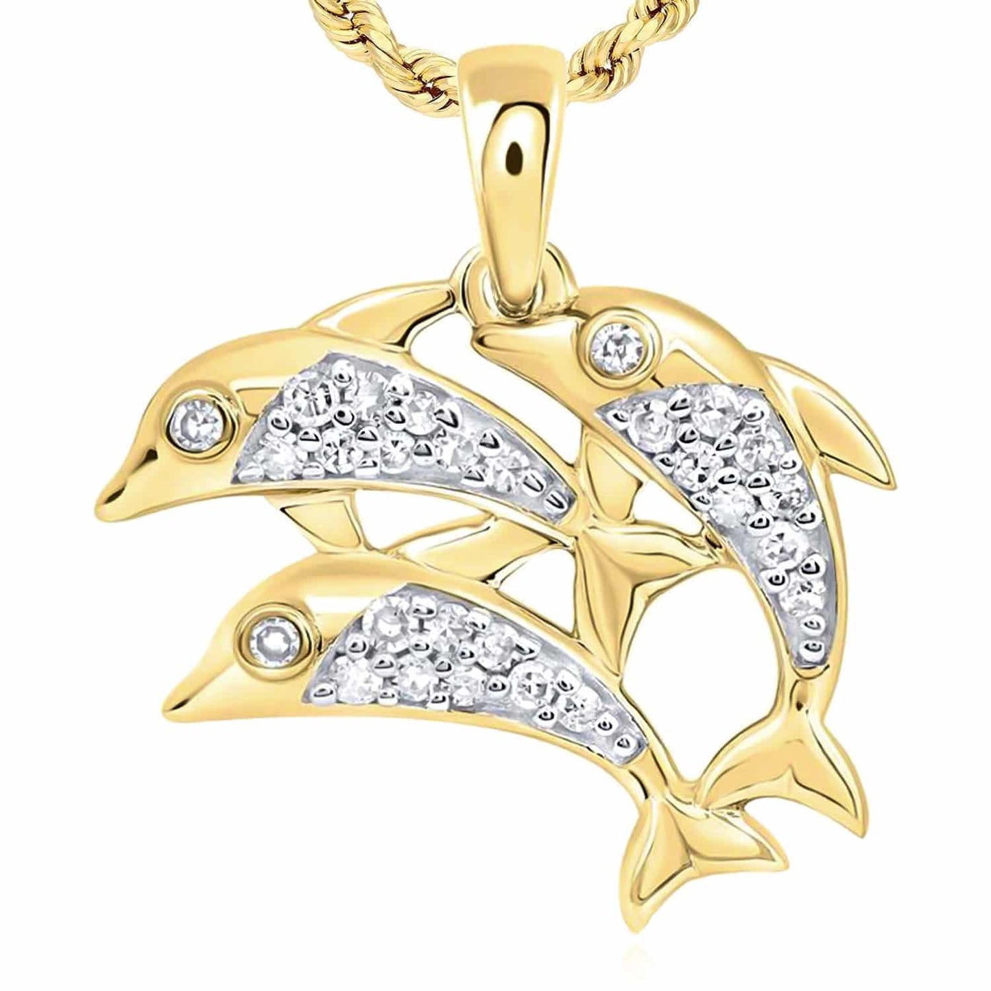 0.12CTW Natural Diamond 10K Gold Yellow White Rose 3x Dolphins Swimming Pendant