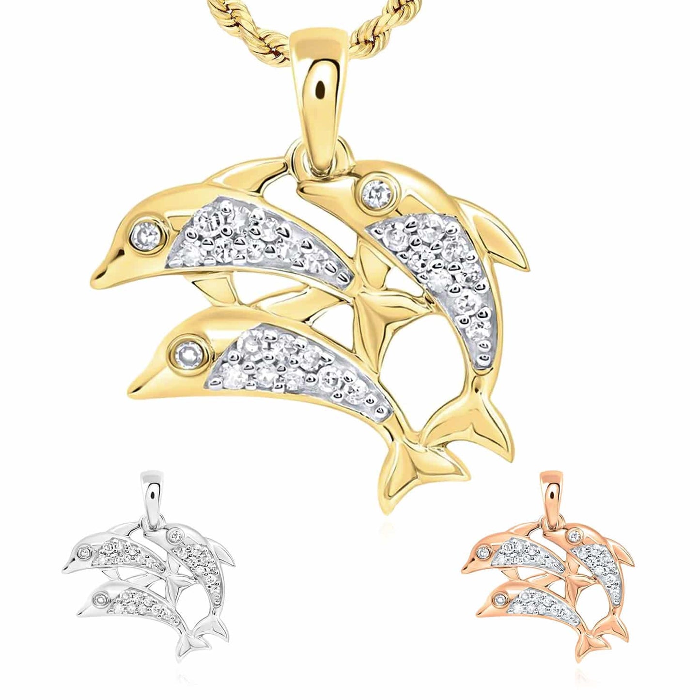 0.12CTW Natural Diamond 10K Gold Yellow White Rose 3x Dolphins Swimming Pendant