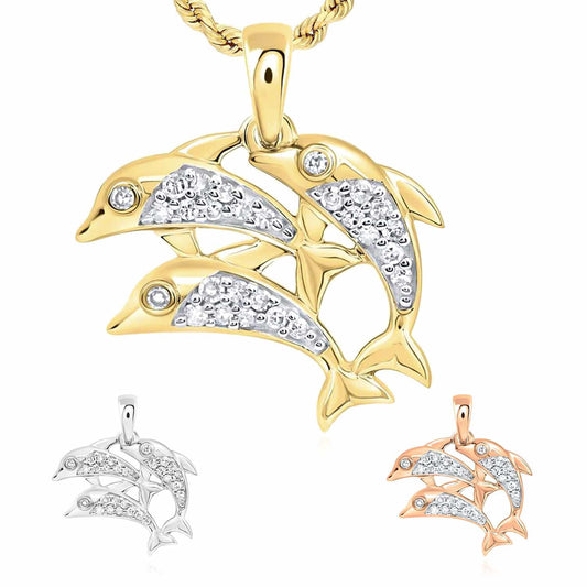 0.12CTW Natural Diamond 10K Gold Yellow White Rose 3x Dolphins Swimming Pendant