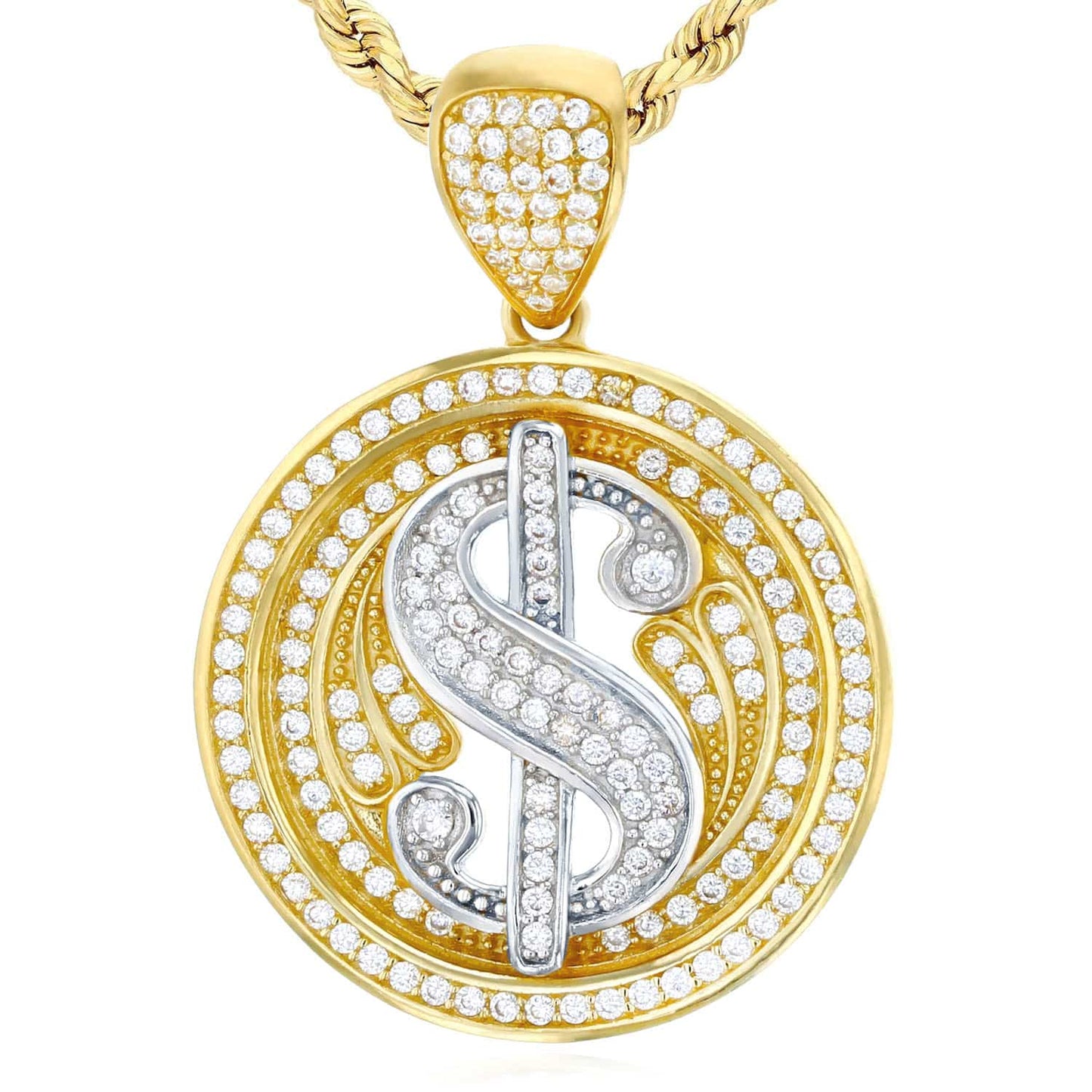 14K Gold Two-Tone Yellow White CZ Dollar Sign Round Pendant 1.45"