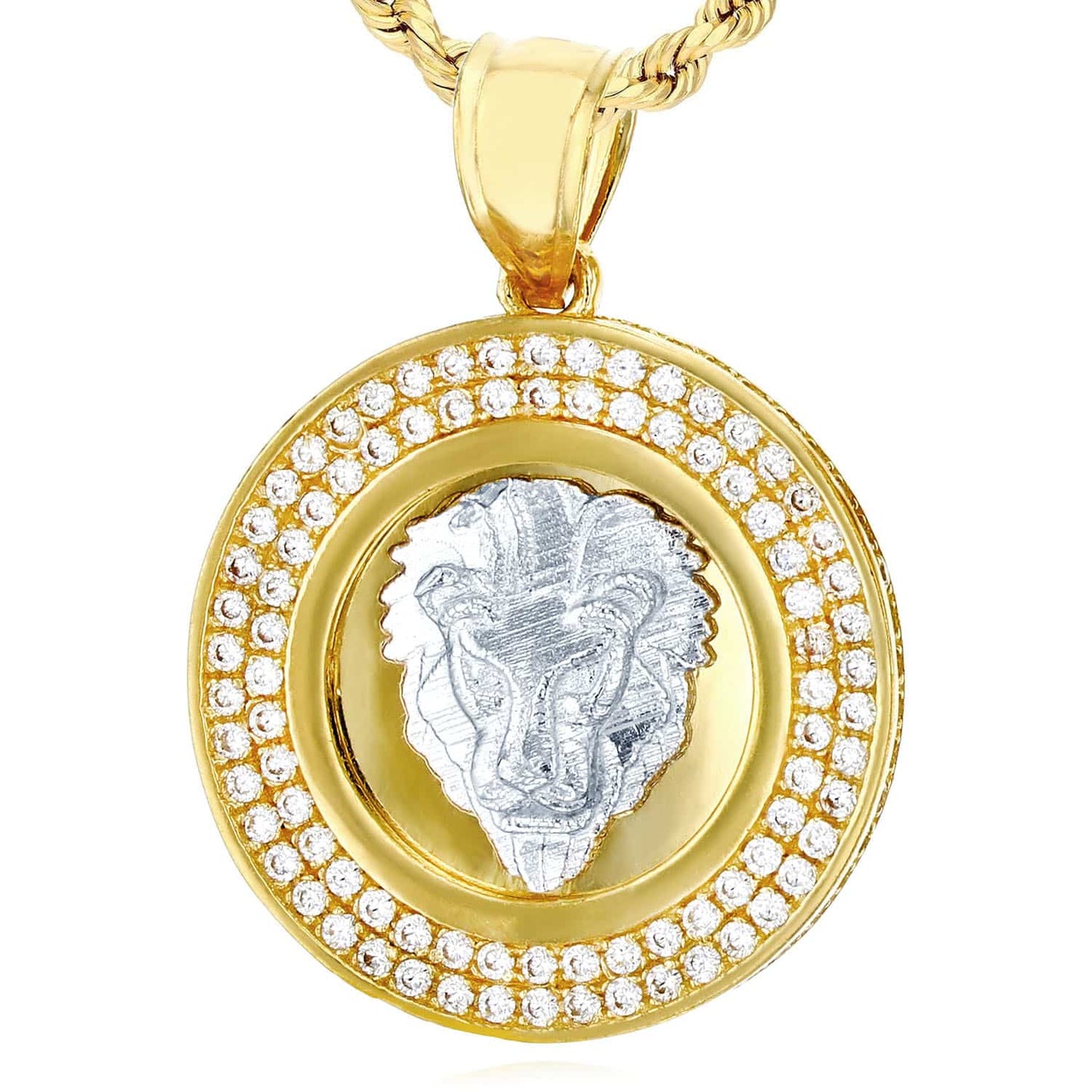 14K Gold Two-Tone Yellow White CZ Lion Face Round Pendant 1.2"