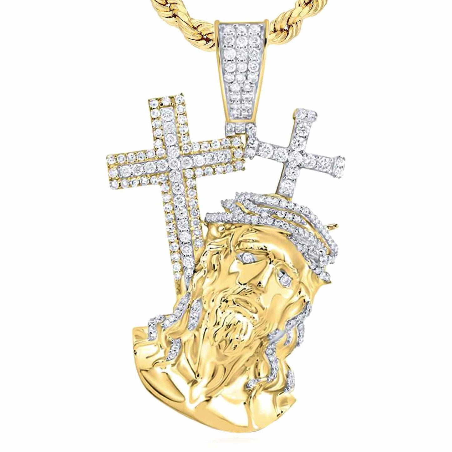 1.33CTW Real Diamond 10K Yellow Gold Jesus Dual Crosses Pendant 2"