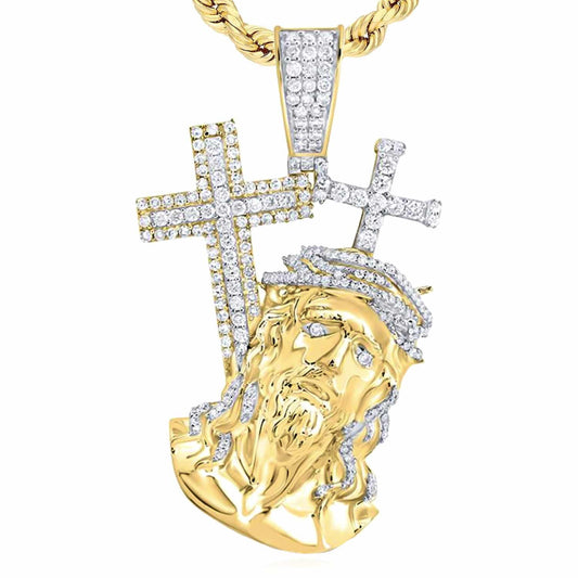 1.33CTW Natural Diamond 10K Yellow Gold Jesus Dual Crosses Pendant 2"