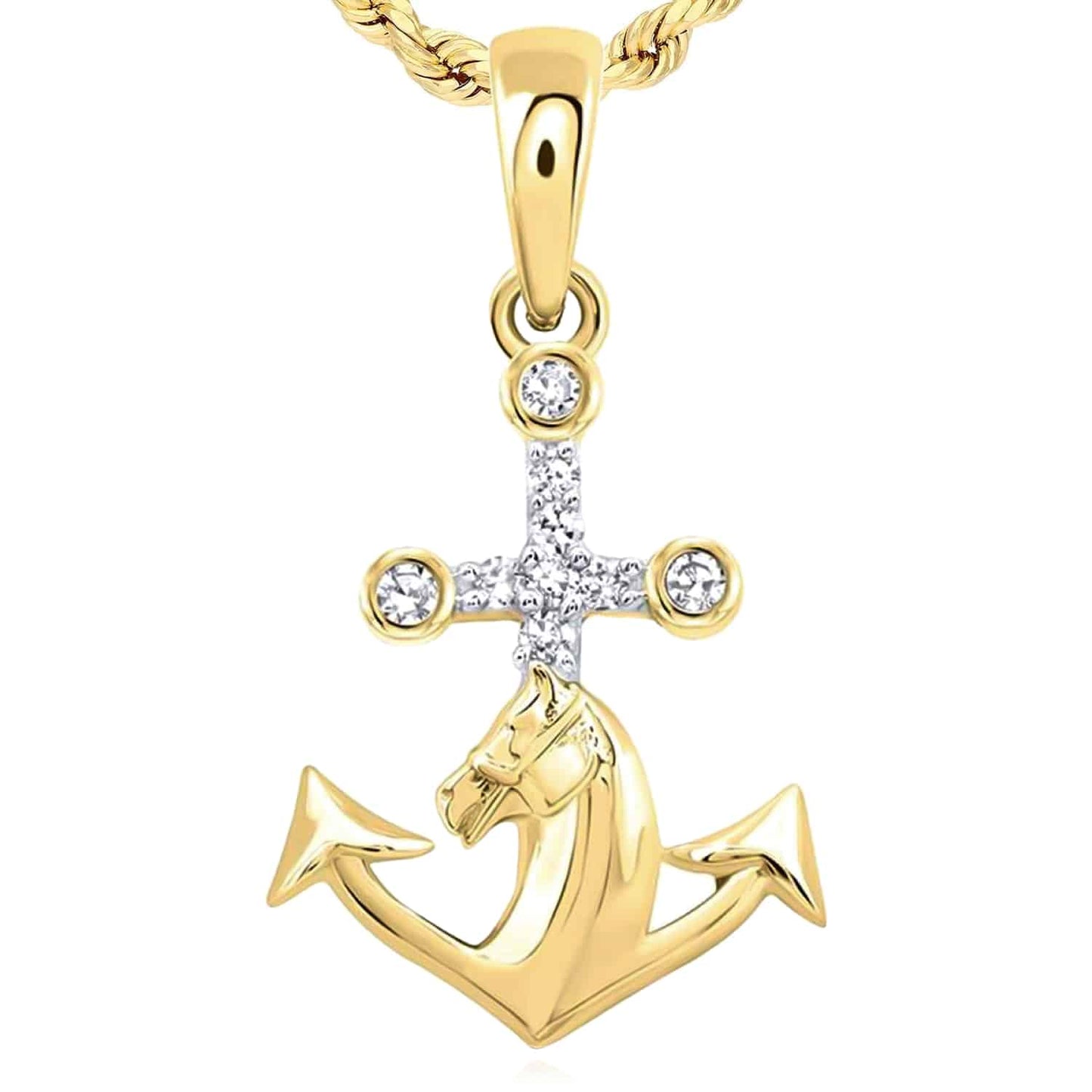 0.05CTW Real Diamond 10K Yellow Gold Cross Horse Anchor Combo Pendant 0.7"