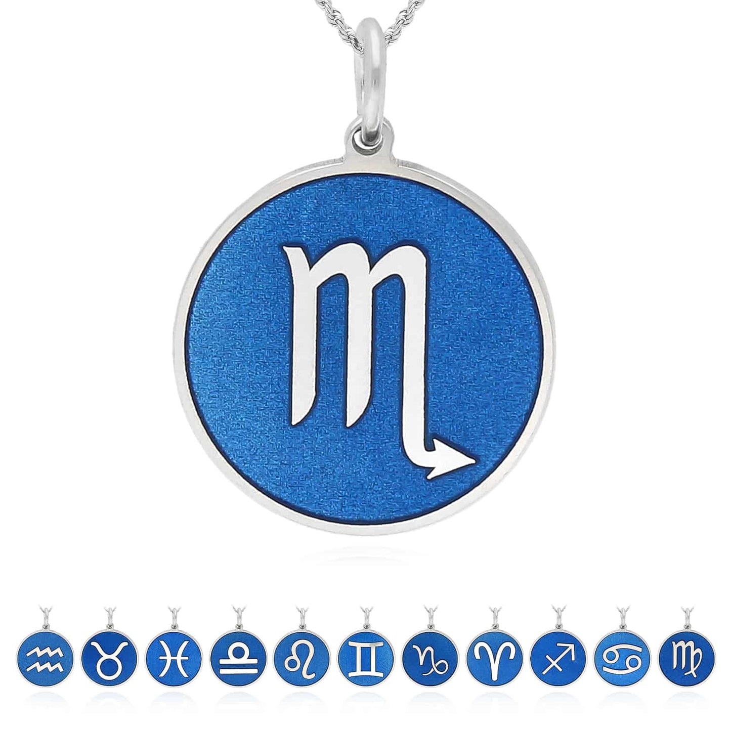 Sterling Silver Round Blue Zodiac Signs Pendant 0.7"