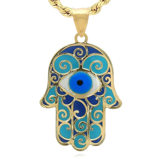 10K Yellow Gold Enamel Hamsa Hand Evil Eye Pendant 1.1"