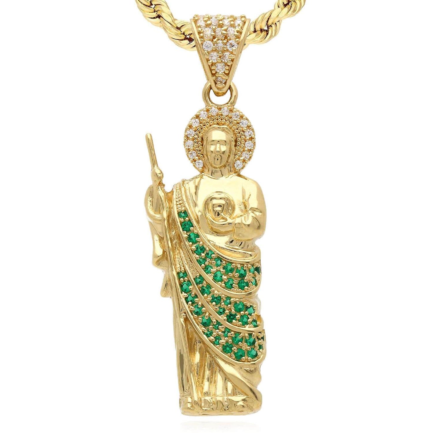 14K Real Gold 1.05CTW CZ Green St Judas Pendant 2"