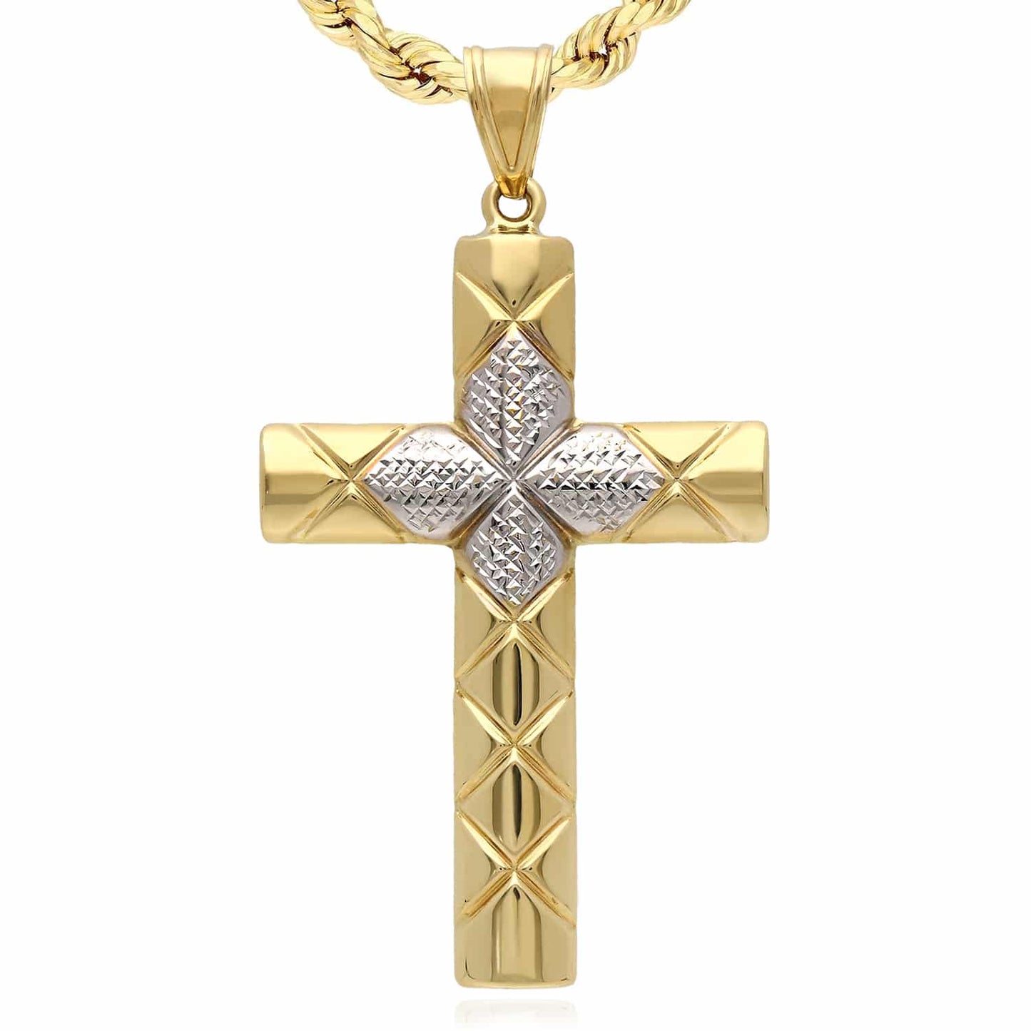 14K Real Gold White Diamond-Cut Cross Pendant 3.1"