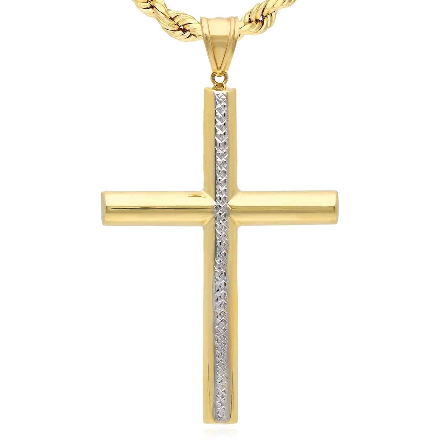 14K Real Gold Yellow White Diamond-Cut Stripe Cross Pendant 3.2"