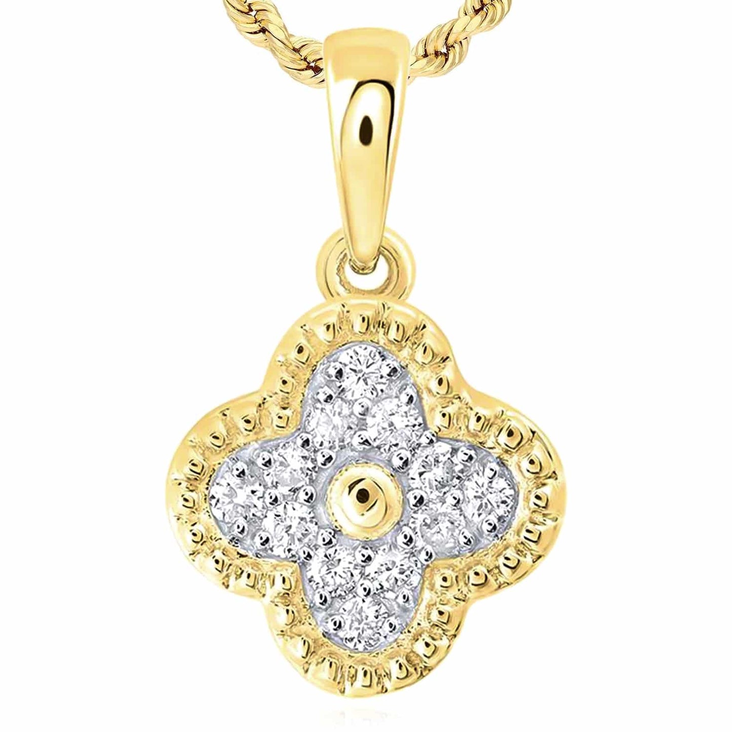 0.20CTW Real Diamond 10K Gold Yellow White Clover Leaf Pendant 0.65"