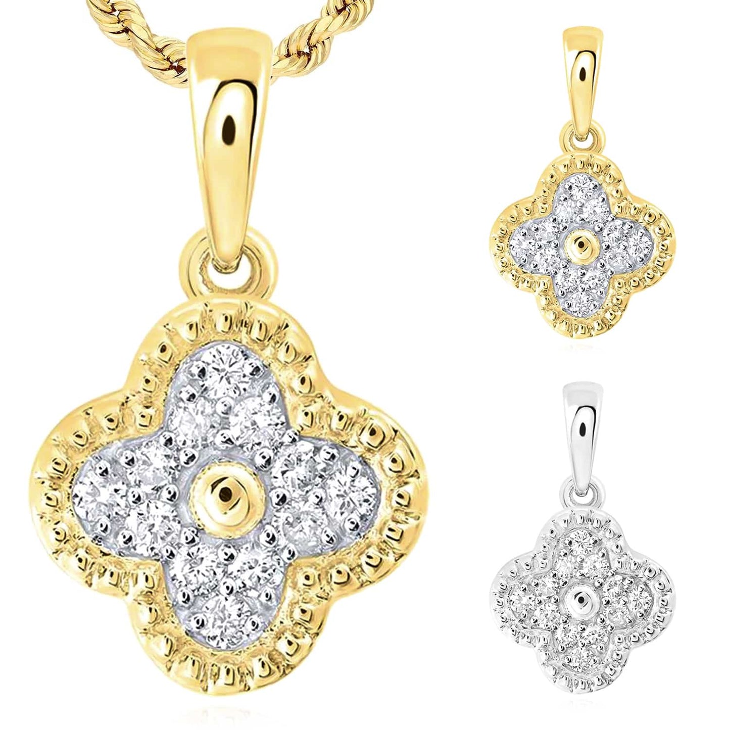 0.20CTW Real Diamond 10K Gold Yellow White Clover Leaf Pendant 0.65"