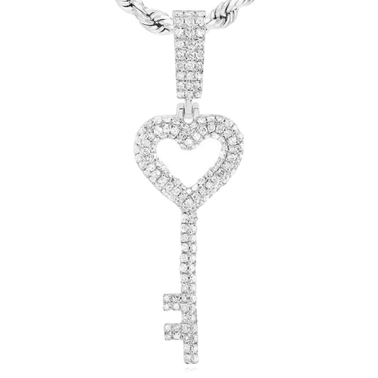 0.68CTW Natural Diamond Sterling Silver Heart Key Pendant 1.6"