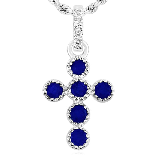 0.11CTW Natural Diamond Sapphire 14K White Gold Round Cross Pendant 0.55"