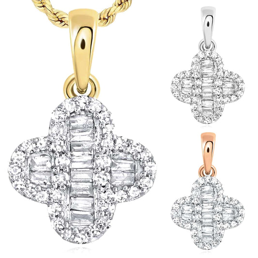 0.20CTW Natural Diamond Baguette 10K Gold Yellow White Rose Clover Pendant 0.6"