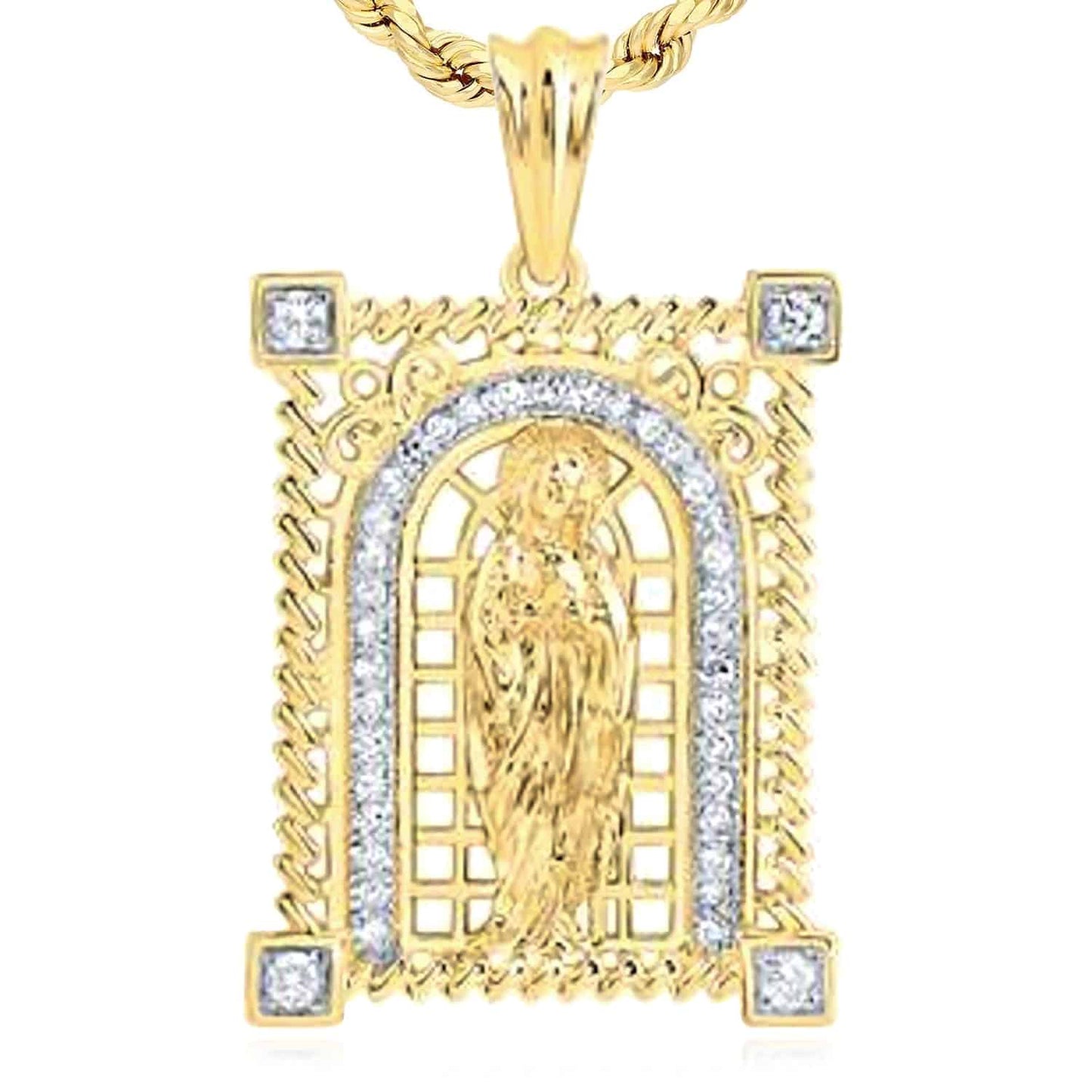 0.20CTW Real Diamond 14K Real Gold Saint Mother Mary Religious Pendant 1.2"