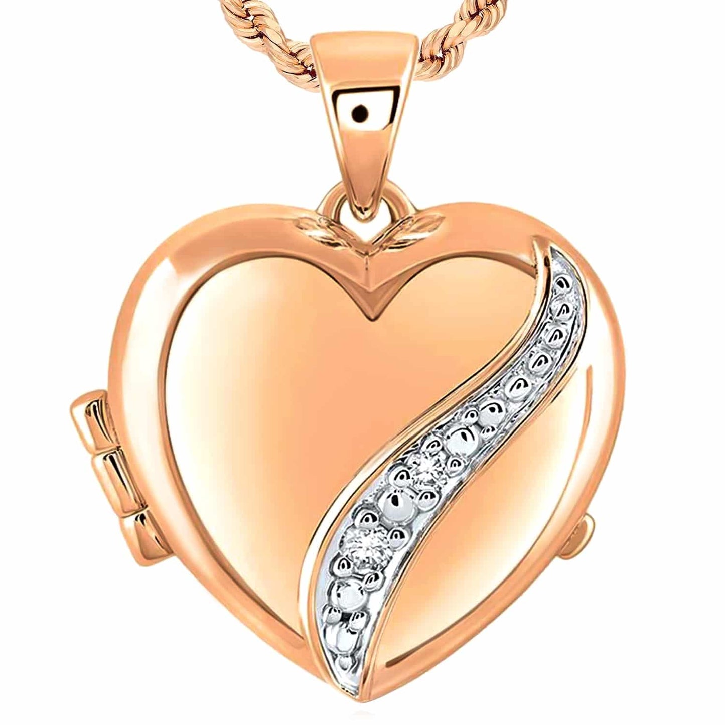 Real Diamond 10K Gold Yellow White Rose Heart DIY Photo Locket Pendant 1"