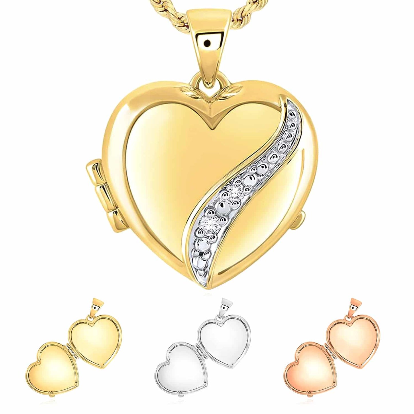 Real Diamond 10K Gold Yellow White Rose Heart DIY Photo Locket Pendant 1"