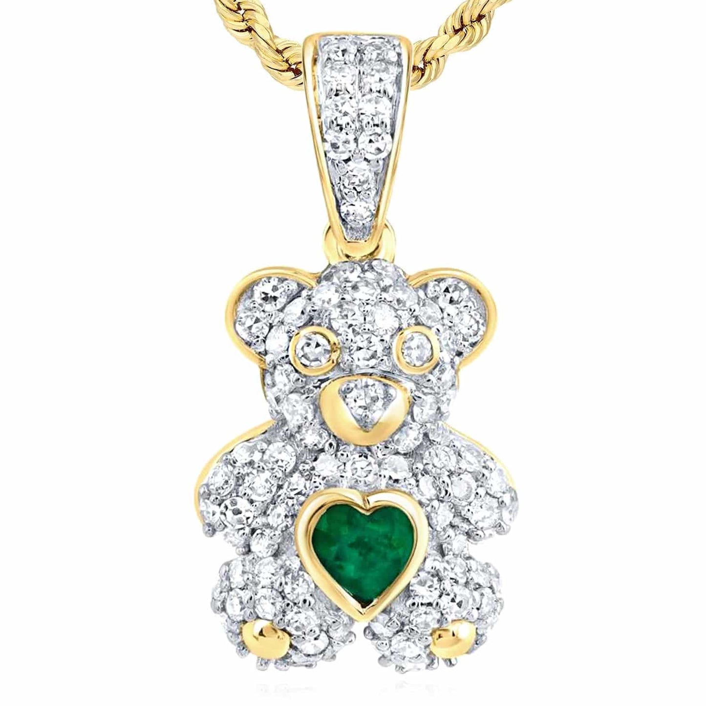 Real Diamond 10K Yellow Gold Heart Real Emerald Teddy Bear Pendant 0.75"