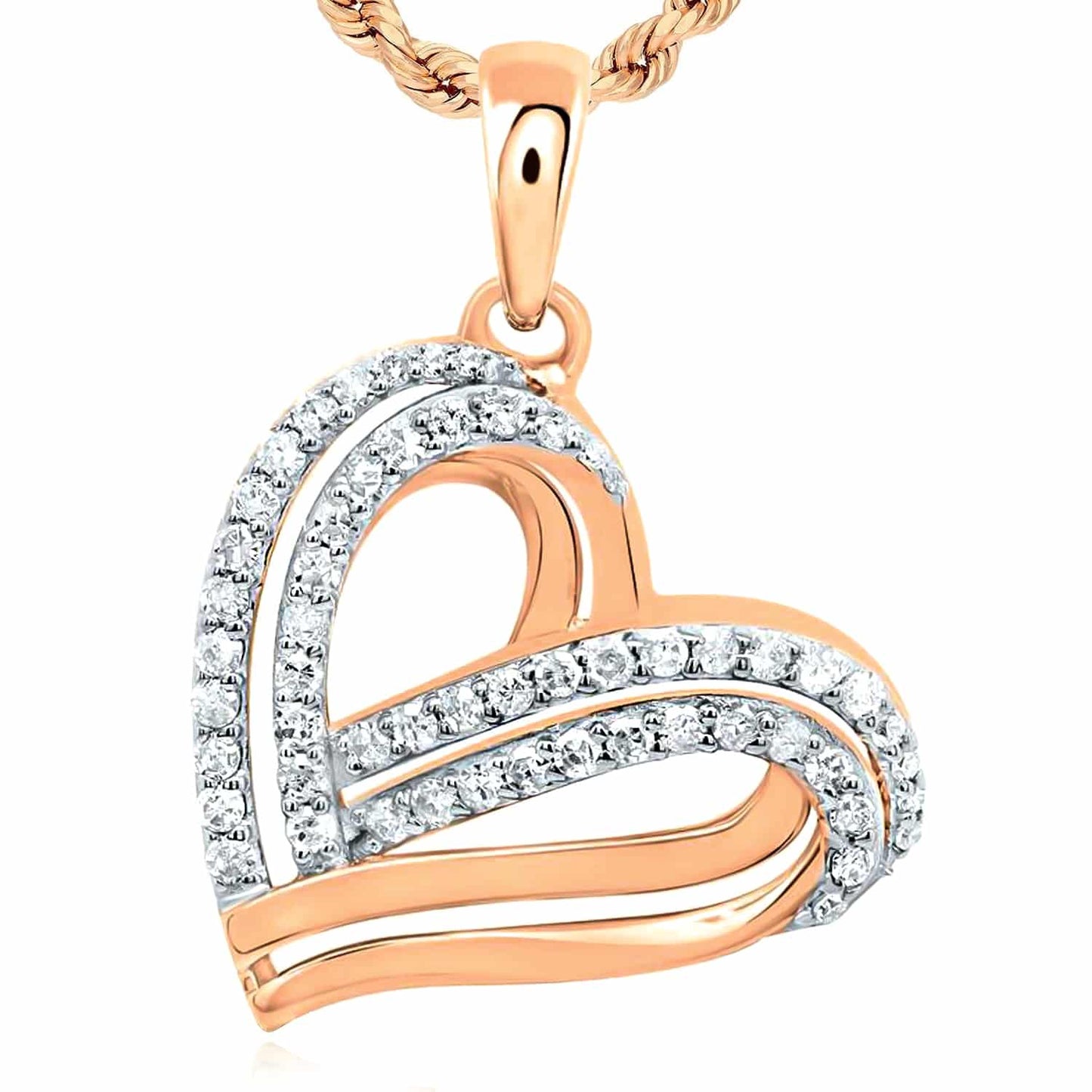 0.33CTW Real Diamond 10K Gold Yellow White Rose Sideways Heart Pendant 0.9"