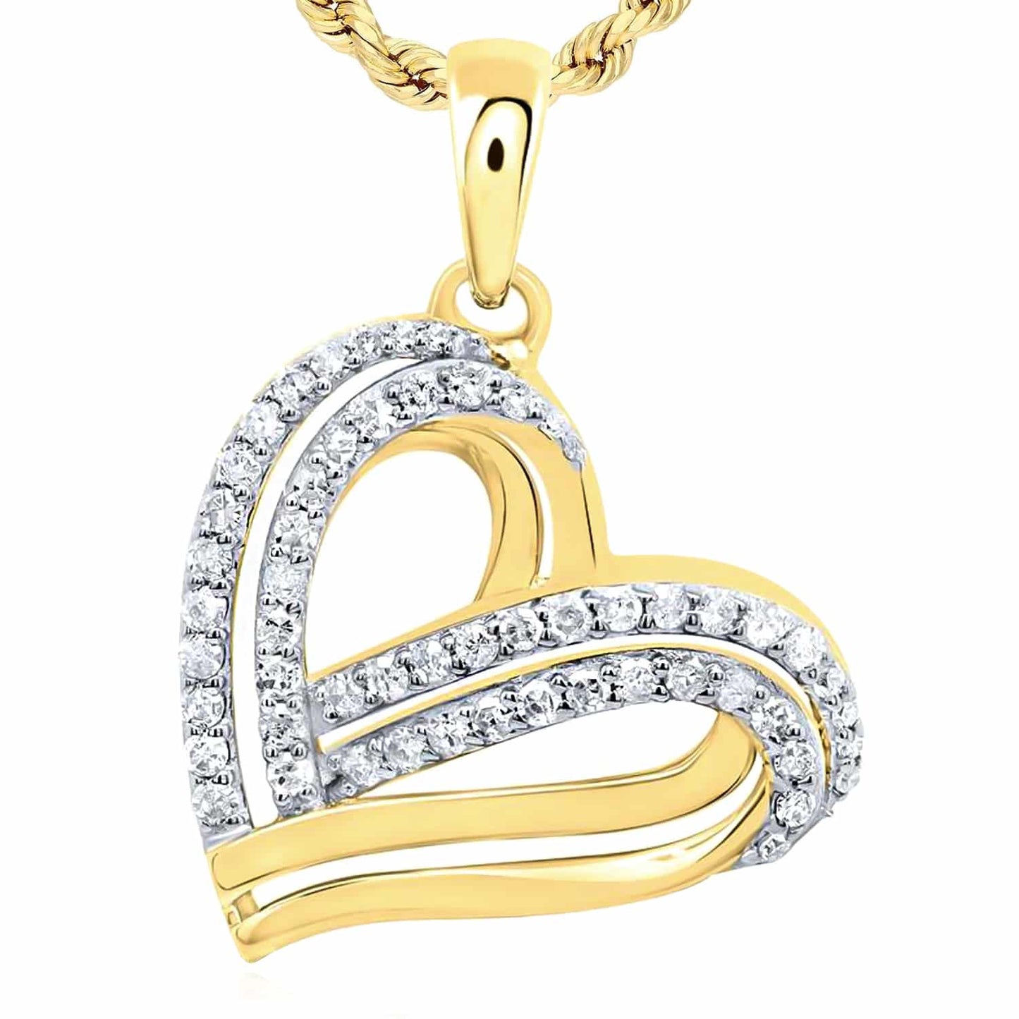 0.33CTW Real Diamond 10K Gold Yellow White Rose Sideways Heart Pendant 0.9"
